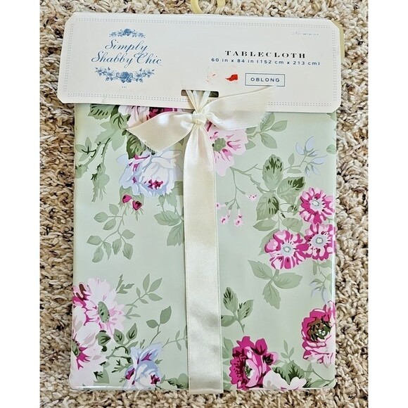 Simply Shabby Chic Floral Vinyl Coated Tablecloth Sage Pink NEW Oblong 60x84 - Picture 1 of 8